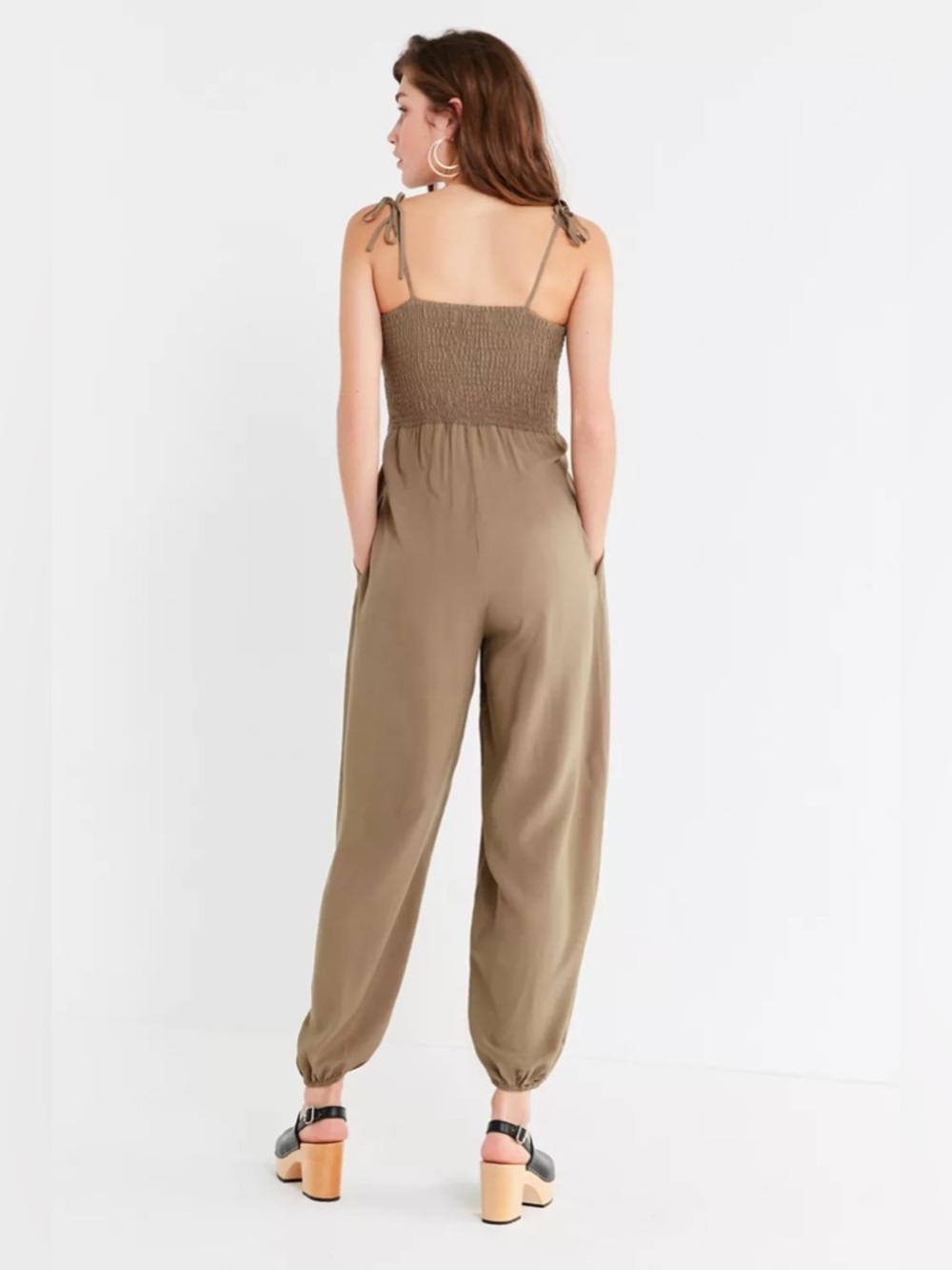Urban Outfitters Olive Smocked Tie-Strap Jumpsuit - Picture 2 of 14